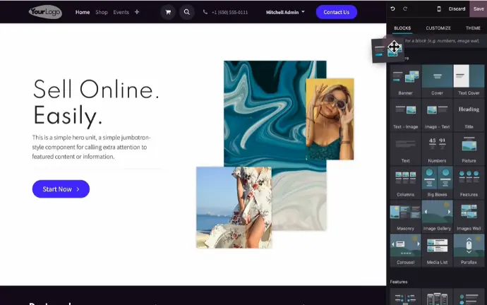 Diseña tu web sin necesidad de programación con Odoo Interfaz de arrastrar y soltar para construir sitios web en Odoo
